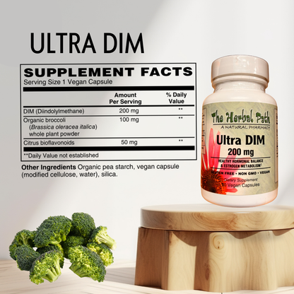 Supplement bottle labeled 'Ultra DIM' with broccoli and supplement facts.