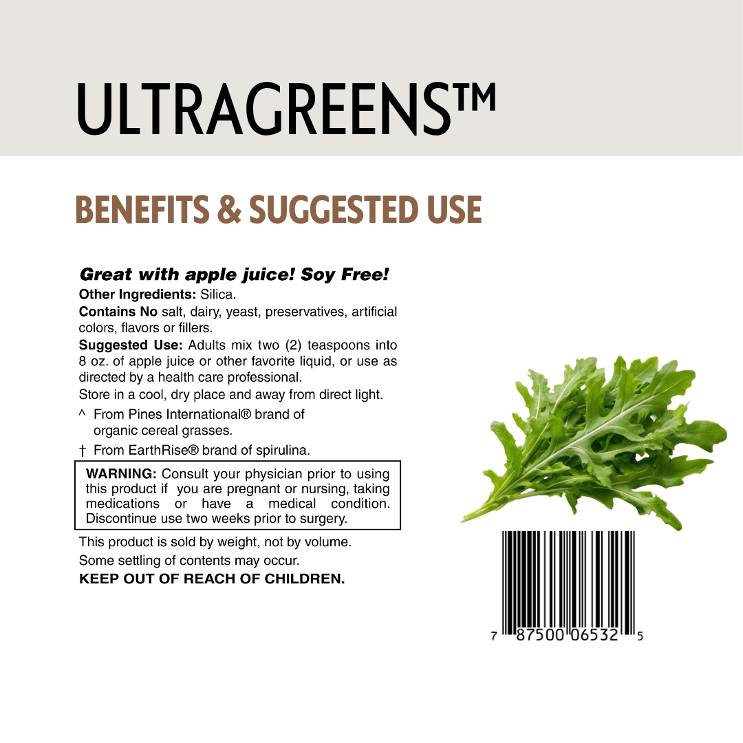 Ultragreens supplement label with green leaf illustration and text on a white background