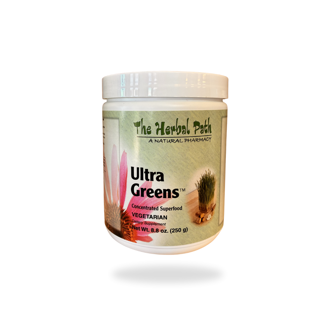 Jar of 'Ultra Greens' by The Herbal Path on a white background