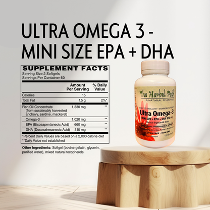 Supplement bottle labeled 'Ultra Omega 3' with label showing supplement facts on a wooden stand.