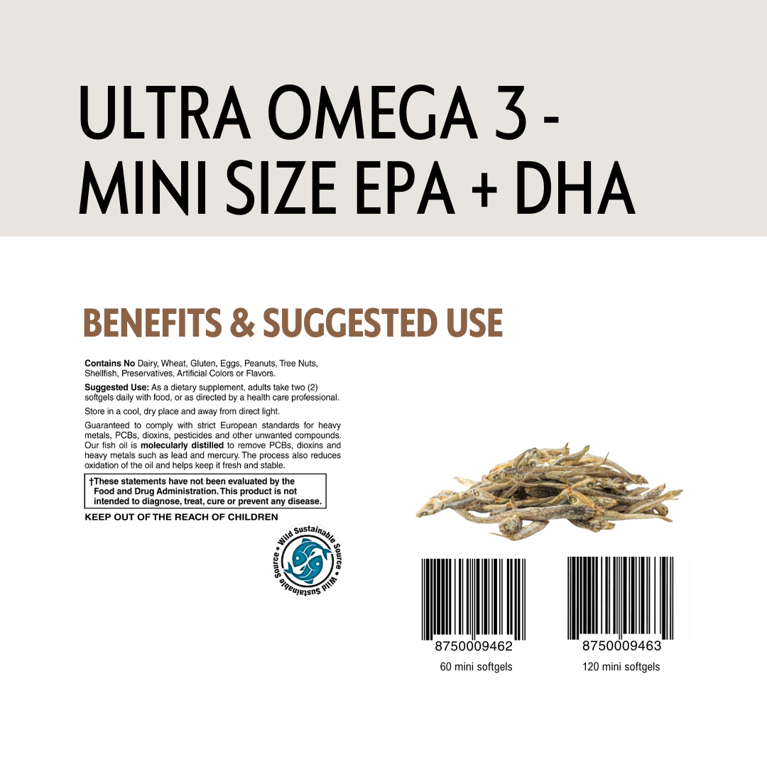 Supplement label for Ultra Omega 3 with text and barcodes on a white background.