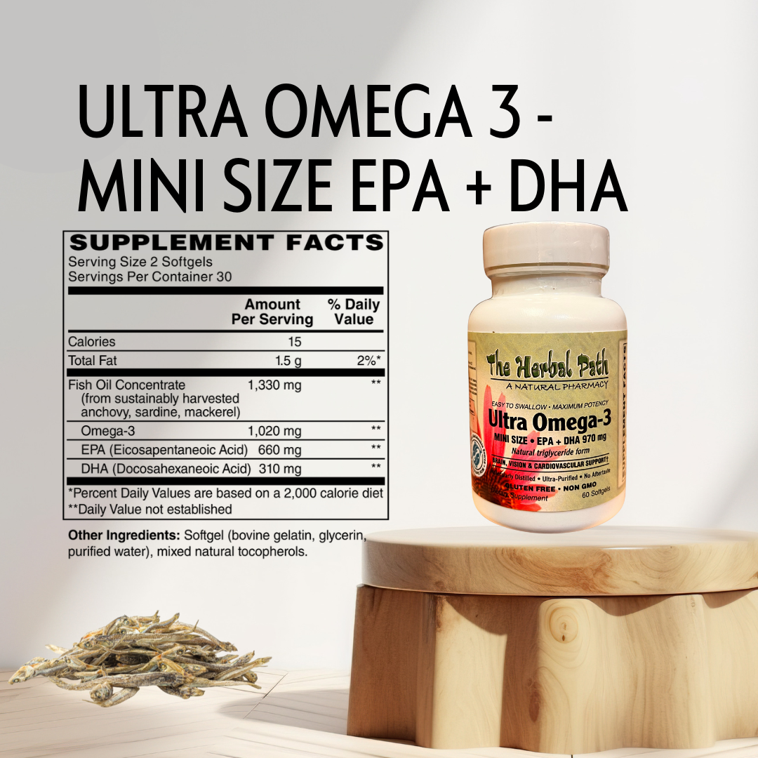 Supplement bottle labeled 'Ultra Omega 3' with supplement facts on a wooden stand.