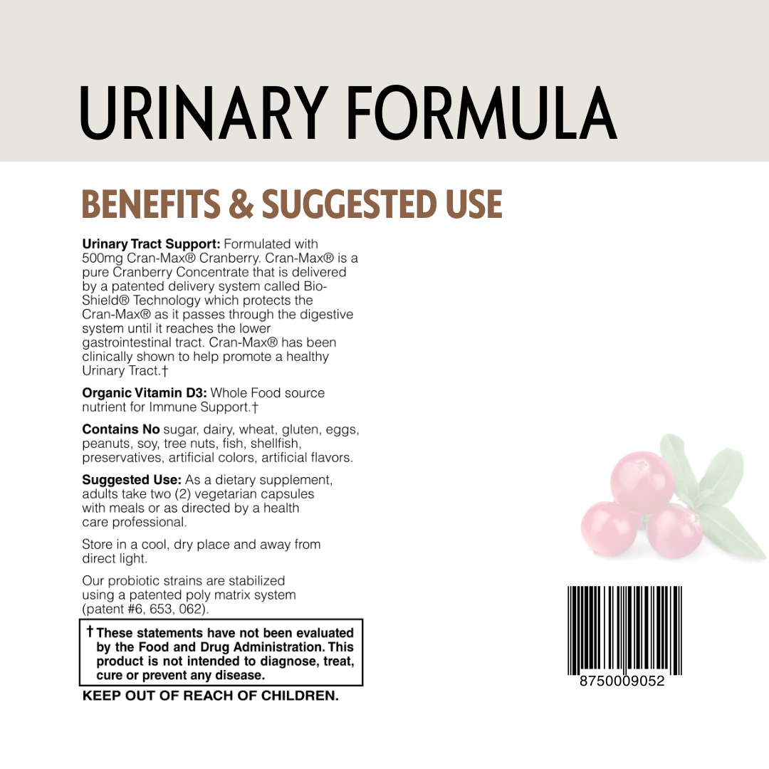 Back label of a urinary formula product with text and cranberry graphics.