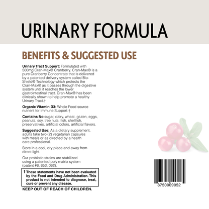 Back label of a urinary formula product with text and cranberry graphics.