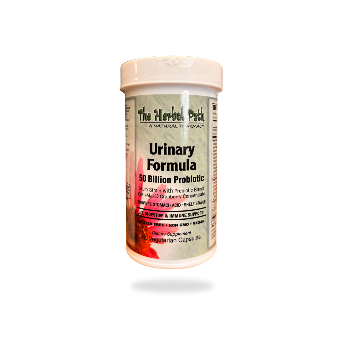 Bottle of Urinary Formula probiotic supplement from The Herbal Path on a white background.