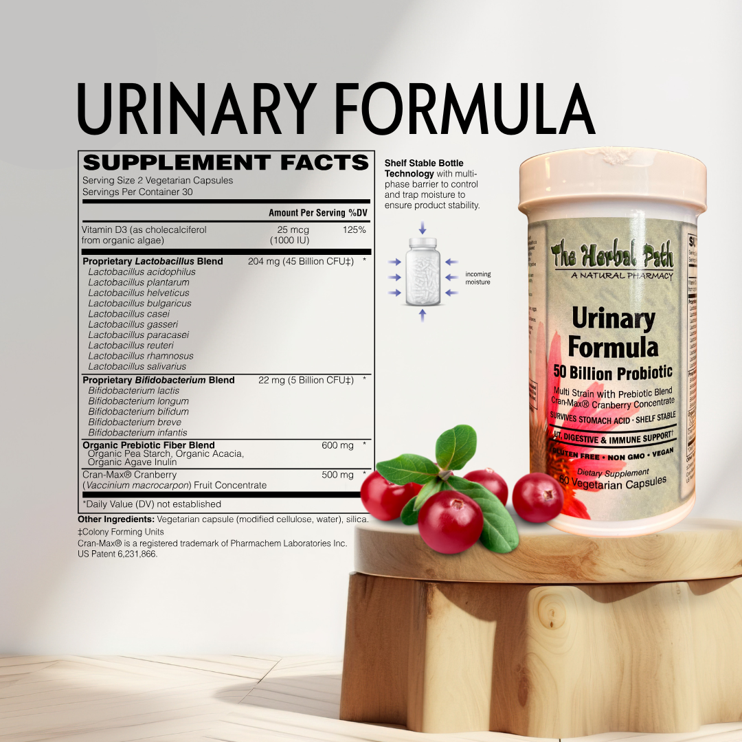 Urinary Formula supplement with cranberries on a wooden block against a light background.