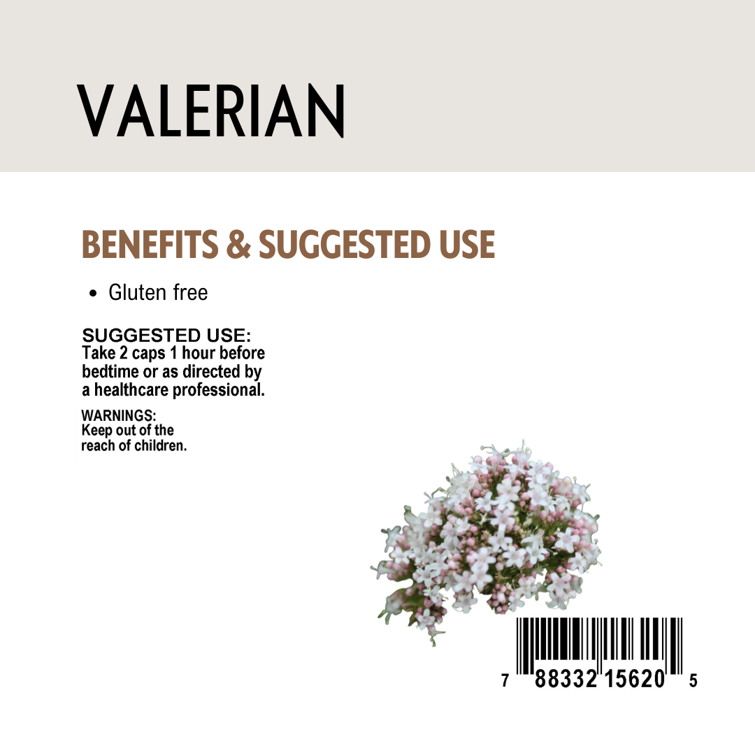 Valerian label with benefits, suggested use, and a barcode on a beige background.