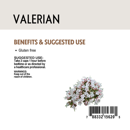 Valerian label with benefits, suggested use, and a barcode on a beige background.