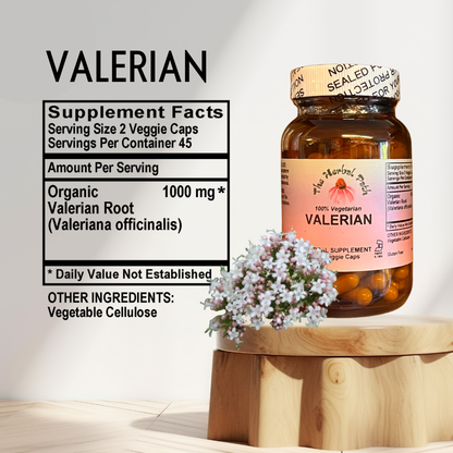 Valerian supplement bottle with label and packaging details on a light background.