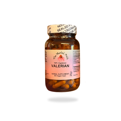 Bottle of Valerian herbal supplement with a white background and The Herbal Path pink label.