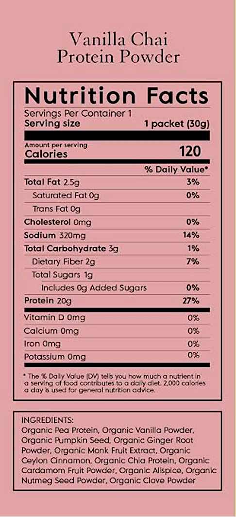 Two side-by-side nutrition fact label designs for protein powder packets, labeled Vanilla Chai on a pink background and Matcha on a green background, each showing a Nutrition Facts panel and ingredient list.