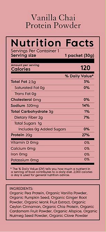 Two side-by-side nutrition fact label designs for protein powder packets, labeled Vanilla Chai on a pink background and Matcha on a green background, each showing a Nutrition Facts panel and ingredient list.