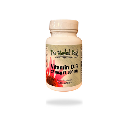 Vitamin D-3 supplement bottle with 'The Herbal Path' label.