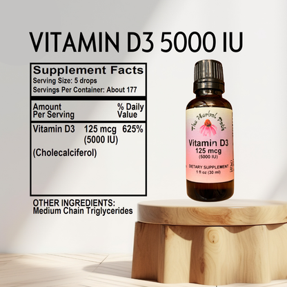Bottle of Vitamin D3 5000 IU supplement on a wooden stand with label of supplement facts.