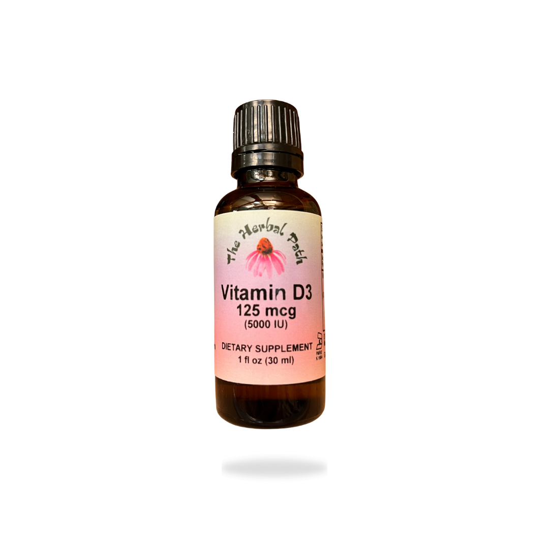 Vitamin D3 125 mcg (5000 IU) 1 fl oz with pink The Herbal Path label.