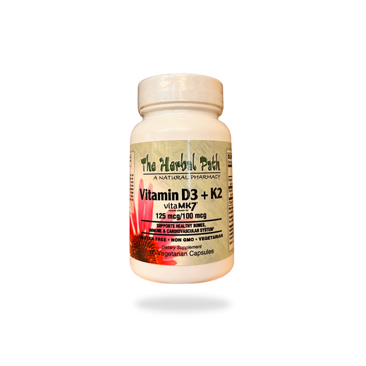 Vitamin D3 + K2 supplement bottle from The Herbal Path.
