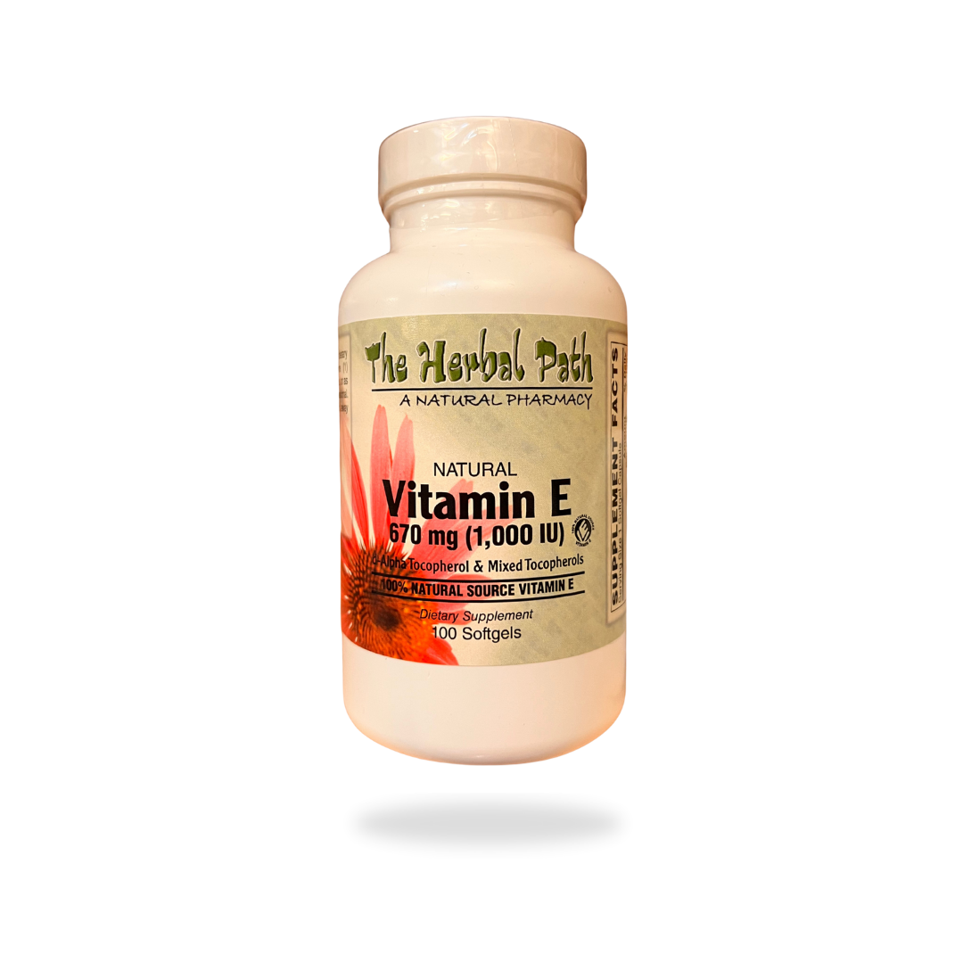Vitamin E supplement bottle with 'The Herbal Path' label.