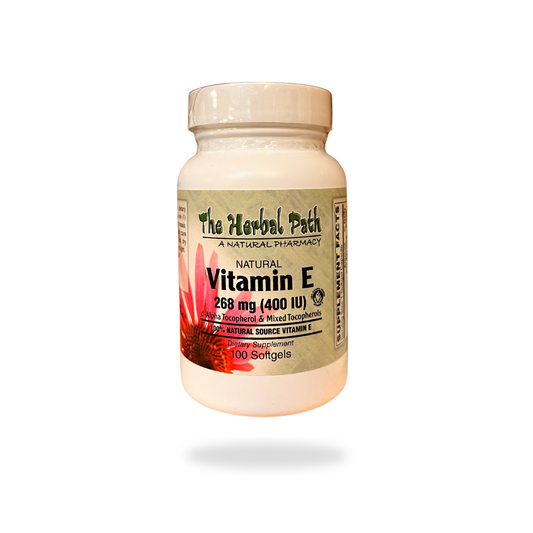 Vitamin E 400 IU supplement bottle by The Herbal Path with label on a white background.