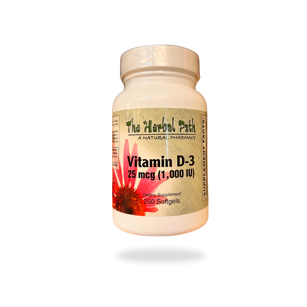 Vitamin D-3 supplement bottle with 'The Herbal Path' 