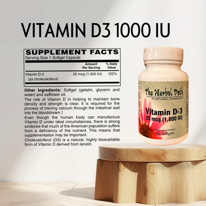 Vitamin D3 supplement bottle with label of Supplement Facts.