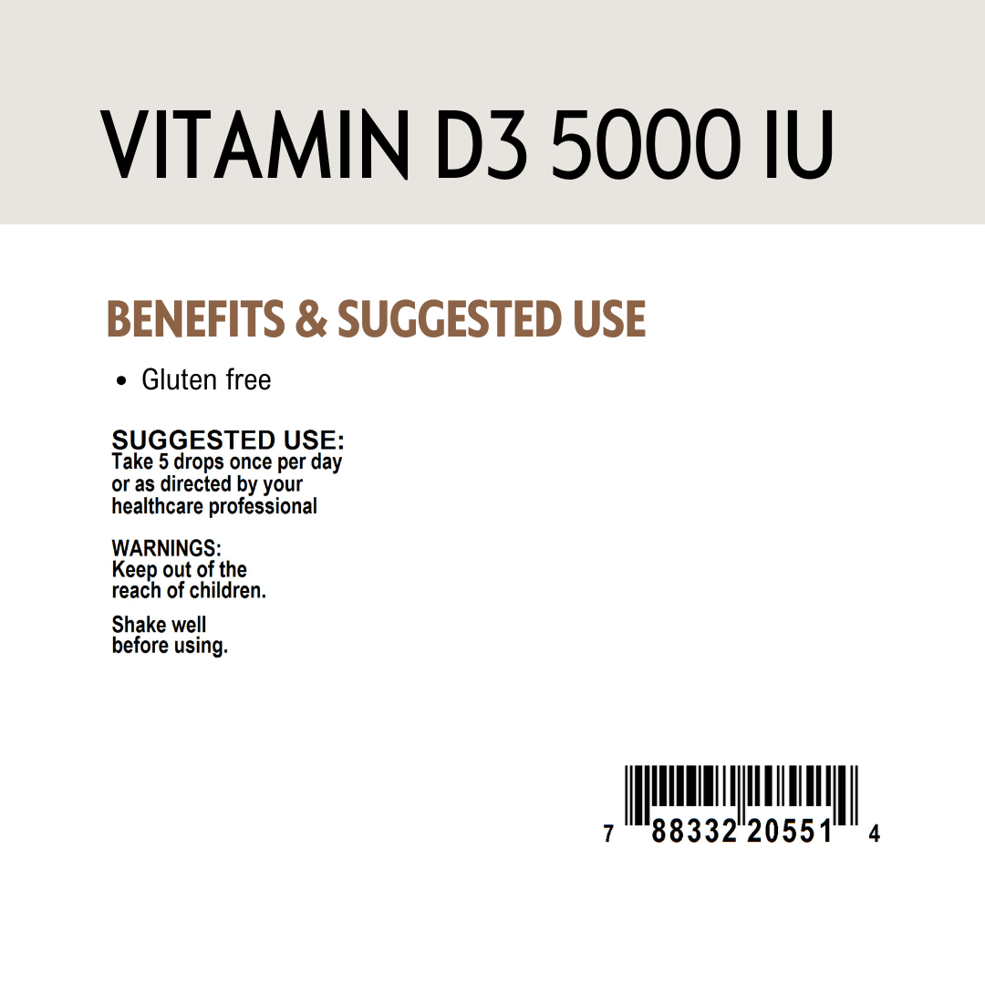 Vitamin D3 5000 IU label with benefits and suggested use and barcode.