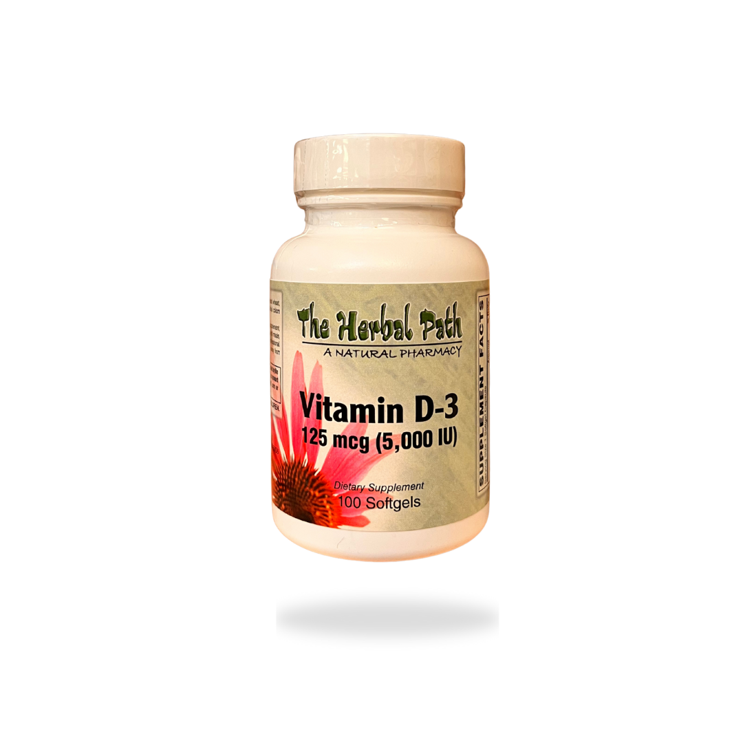 Vitamin D-3 supplement bottle from The Herbal Path on a white background.