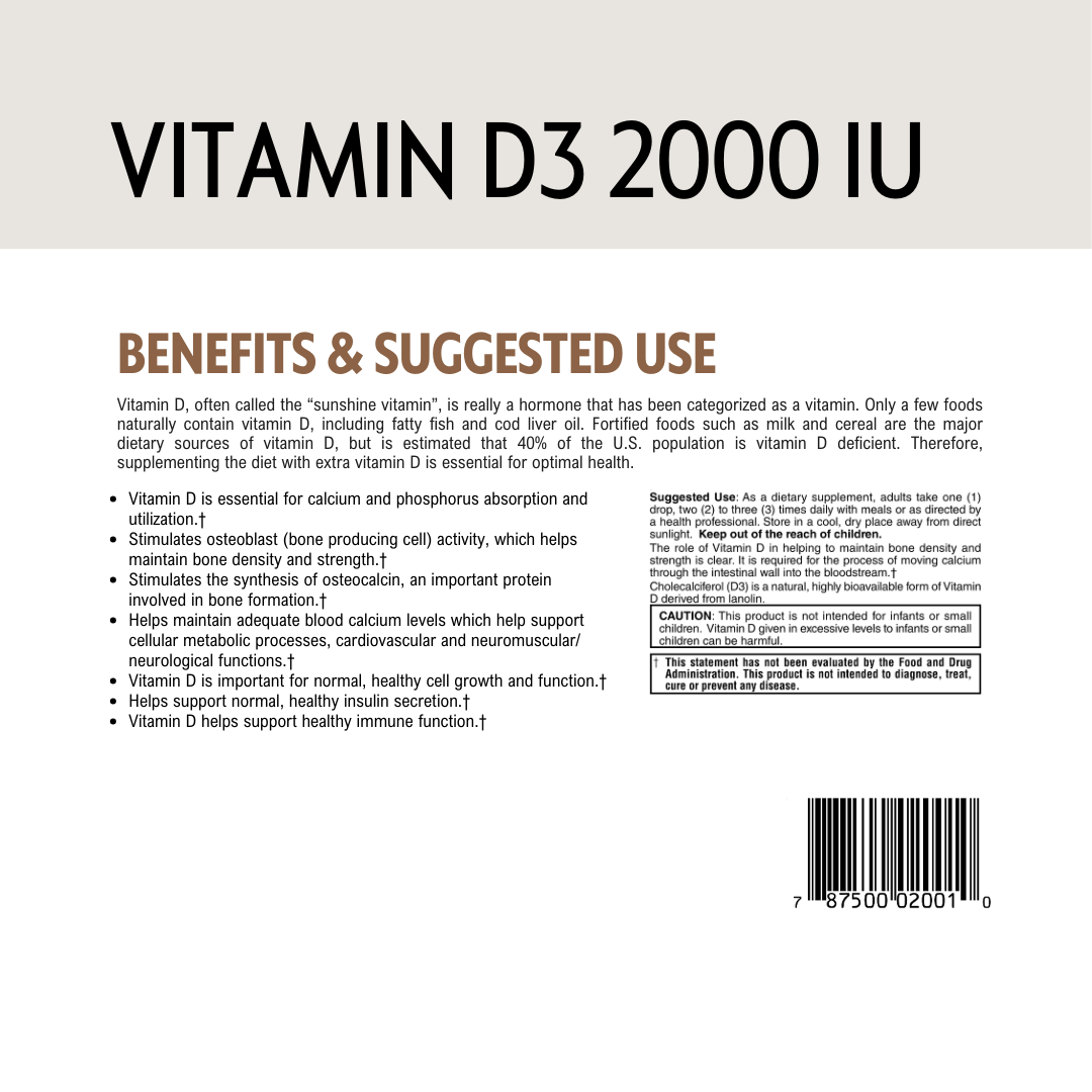 Vitamin D3 2000 IU label with benefits, barcode and suggested use text on a white background.