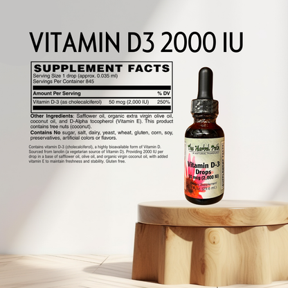 Vitamin D3 supplement bottle with label on a wooden stand.