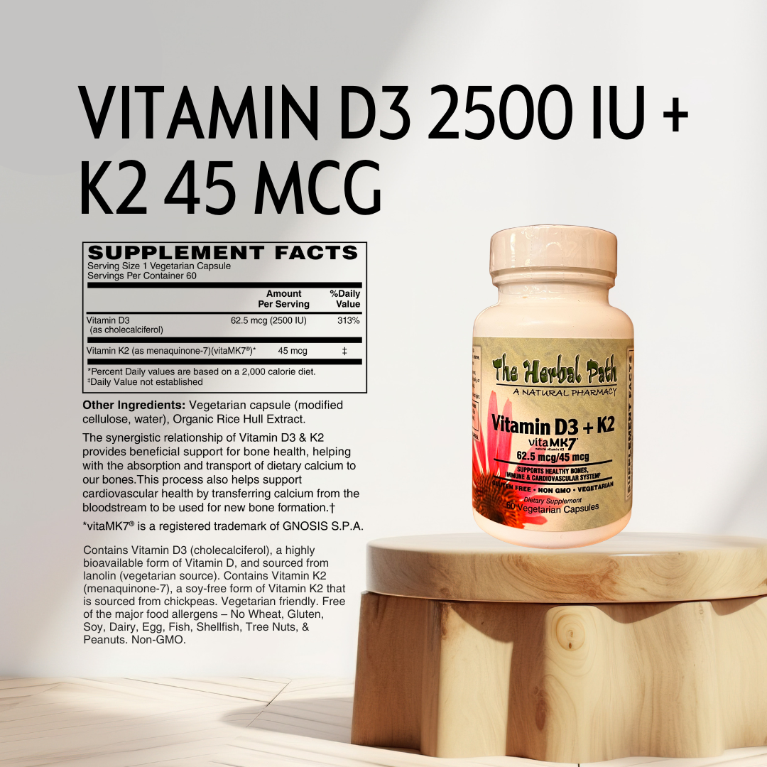 Supplement bottle labeled 'Vitamin D3 + K2' on a wooden stand with supplement facts displayed.