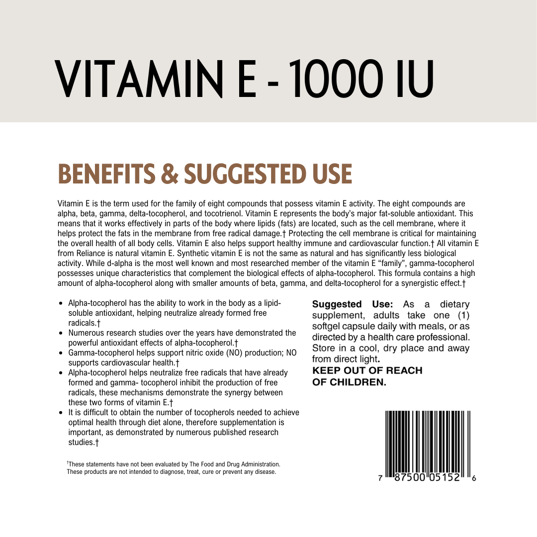 Vitamin E supplement label with text about benefits, barcode and suggested use on a white background.