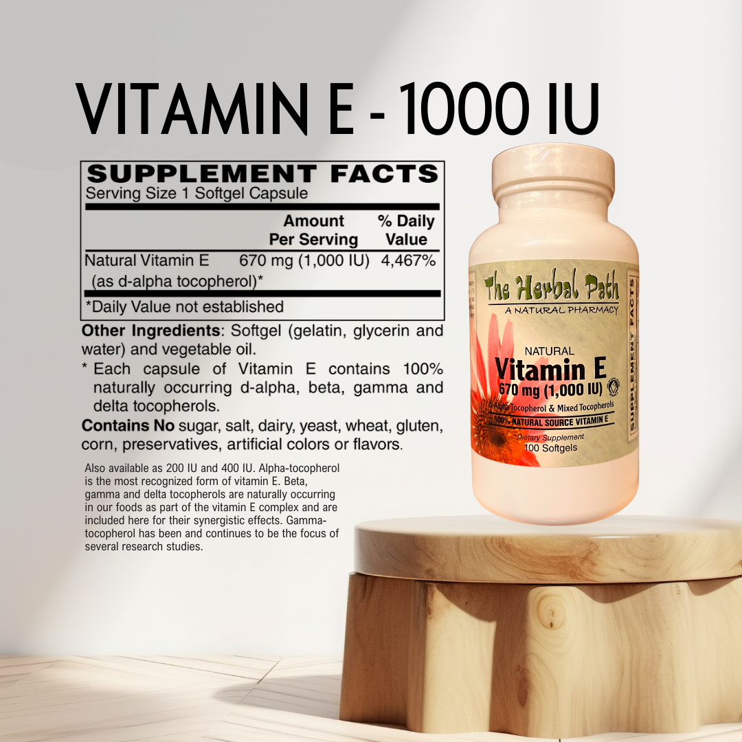 Vitamin E supplement bottle with label on a wooden stand against a light background.