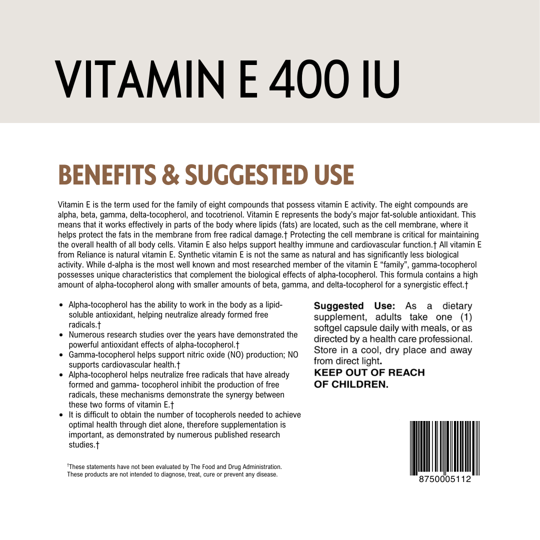Vitamin E 400 IU supplement label with text on benefits, barcode and suggested use.