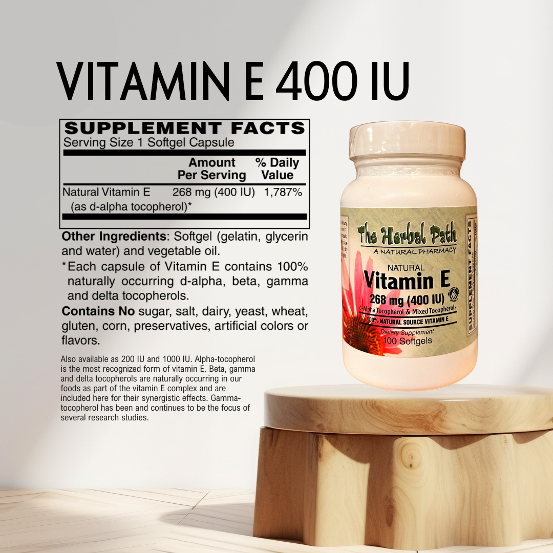 Vitamin E 400 IU supplement bottle with label on a wooden stand against a light background.