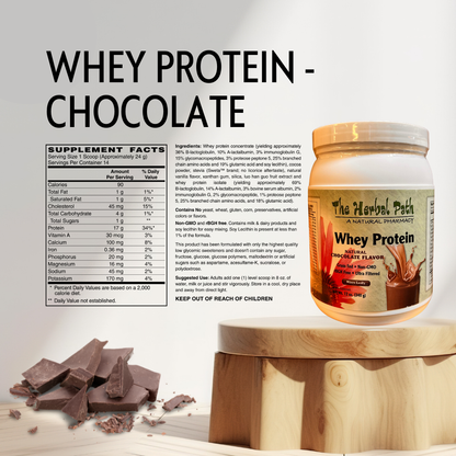 Whey protein chocolate flavor container with ingredient list on a light background.