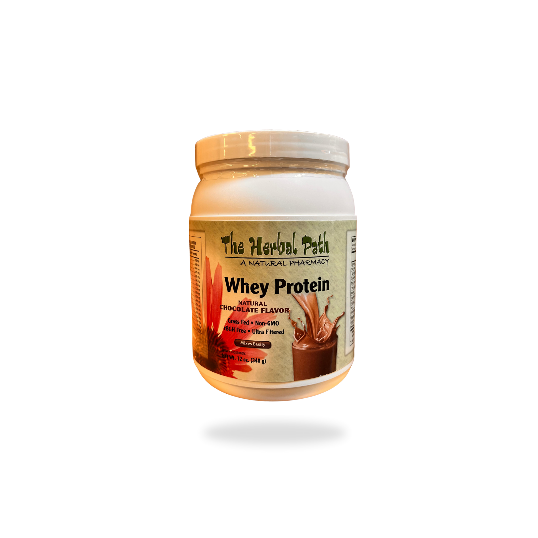 Jar of whey protein powder with 'The Herbal Path' branding on a white background.