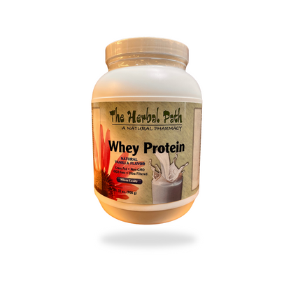 Whey protein container with 'The Herbal Path' label.