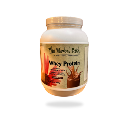 Jar of The Herbal Path whey protein on a white background.