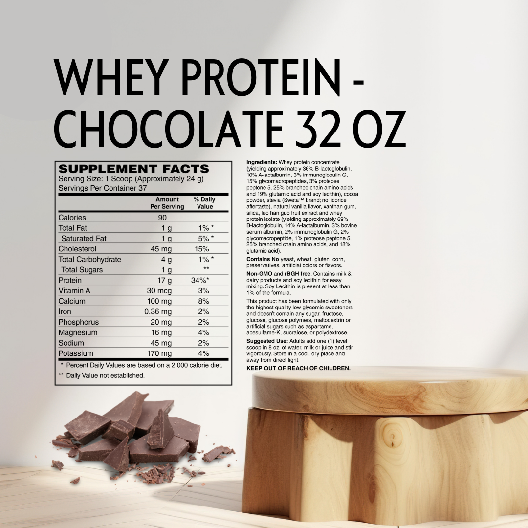 Whey protein chocolate flavor packaging showing a large label with supplement facts, ingredients, and a small photo of chocolate pieces and a wooden scoop on a light wood surface.