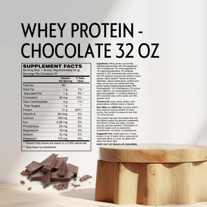 Whey protein chocolate flavor packaging showing a large label with supplement facts, ingredients, and a small photo of chocolate pieces and a wooden scoop on a light wood surface.