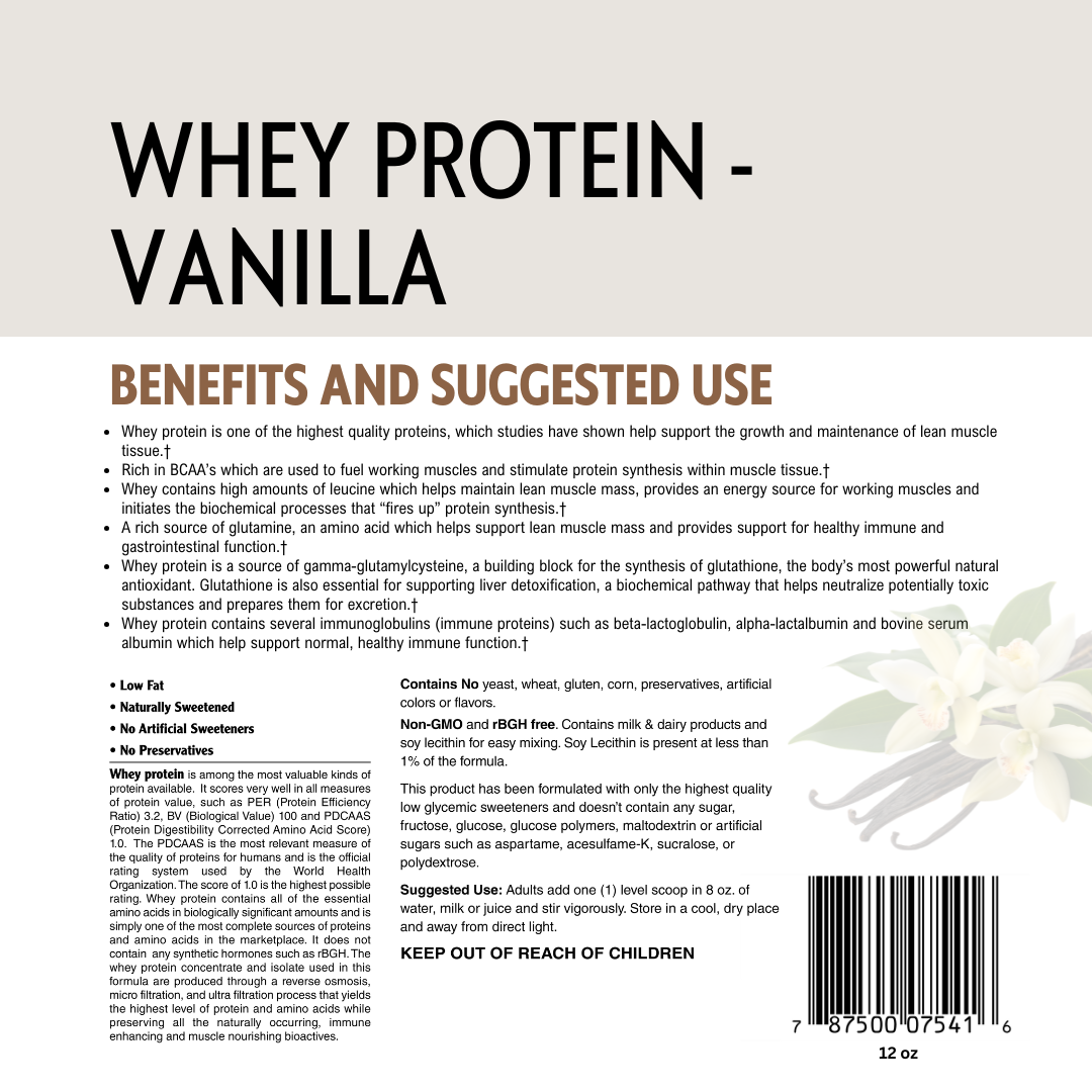 Whey protein vanilla flavor label with benefits, barcode and suggested use text.