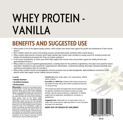 Whey protein vanilla flavor label with benefits, barcode and suggested use text.
