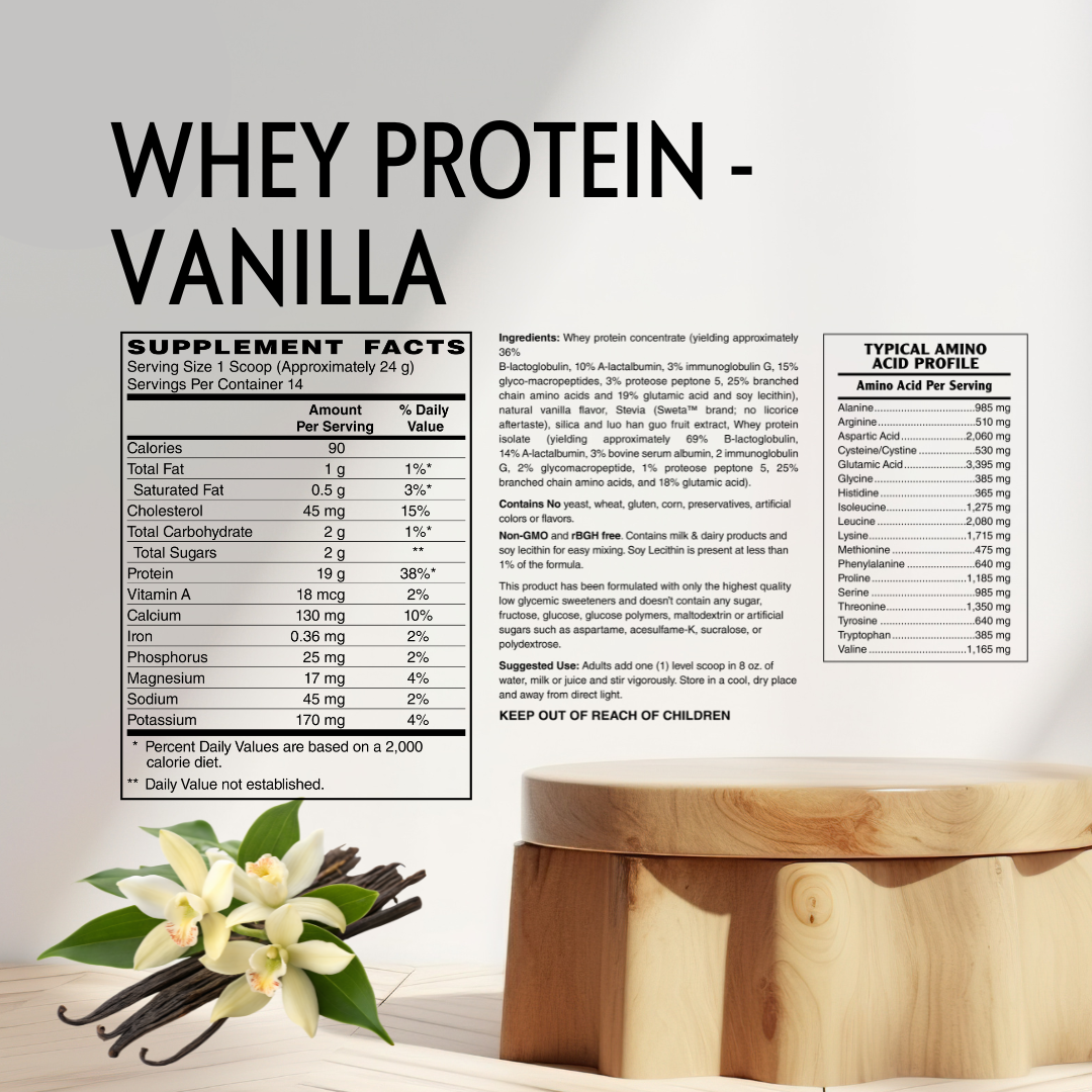Whey protein supplement facts label with vanilla beans and flowers on a wooden surface.