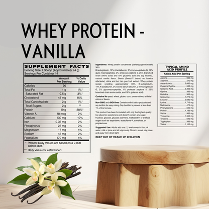 Whey protein supplement facts label with vanilla beans and flowers on a wooden surface.