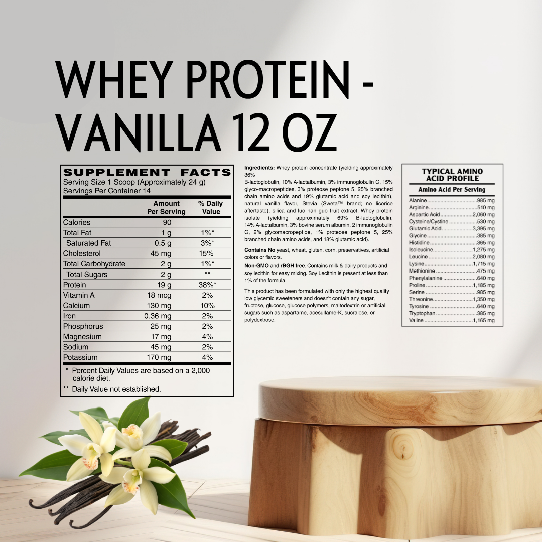 Whey protein powder package information for Vanilla 12 oz, showing the Supplement Facts panel, full ingredients list, and typical amino acid profile on a light wood background with vanilla flowers and beans.