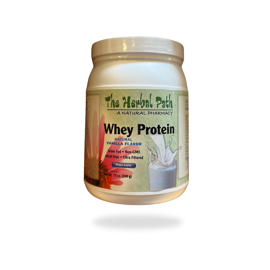 Jar of The Herbal Path Whey Protein on a white background