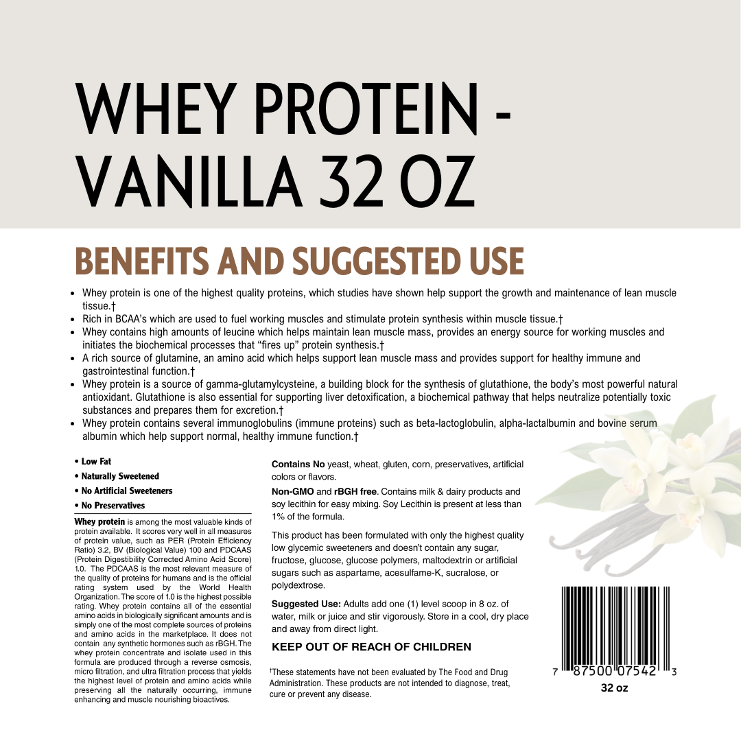 Whey protein vanilla flavor packaging with text and a barcode on a light background.