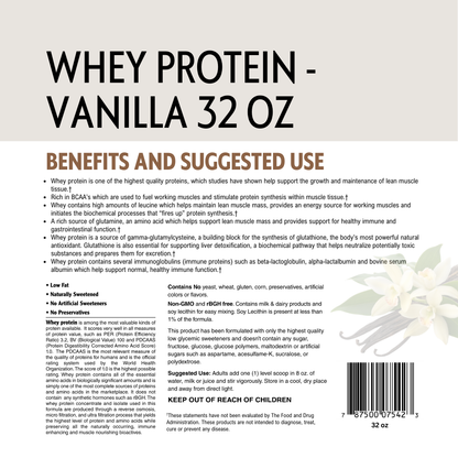 Whey protein vanilla flavor packaging with text and a barcode on a light background.