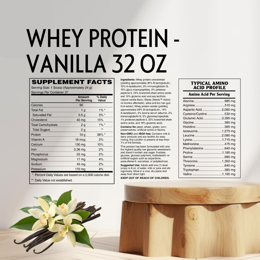 Whey protein label with vanilla flavor details on a light background.