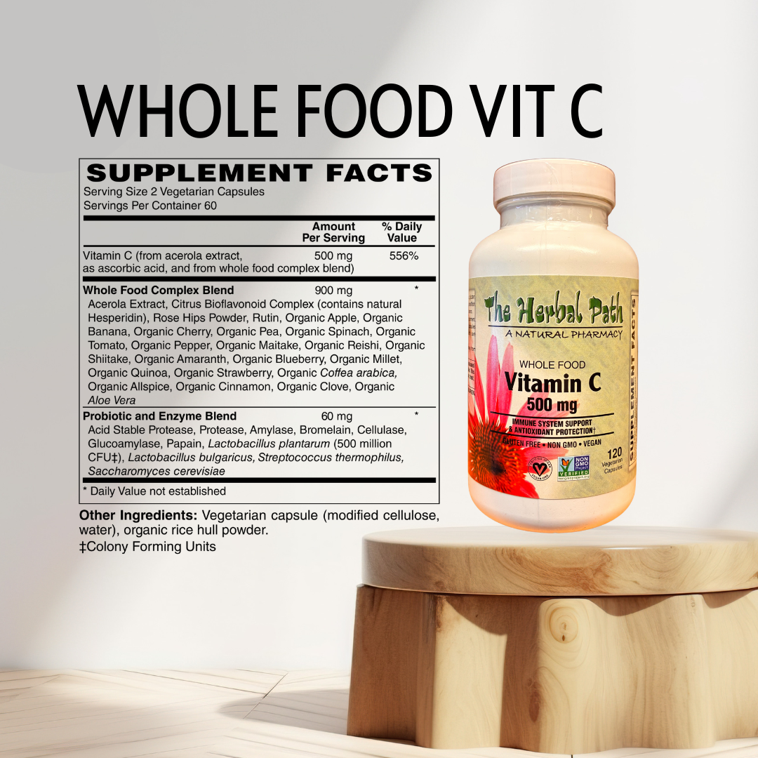 Supplement bottle labeled 'Whole Food Vitamin C' on a wooden stand with supplement facts displayed.