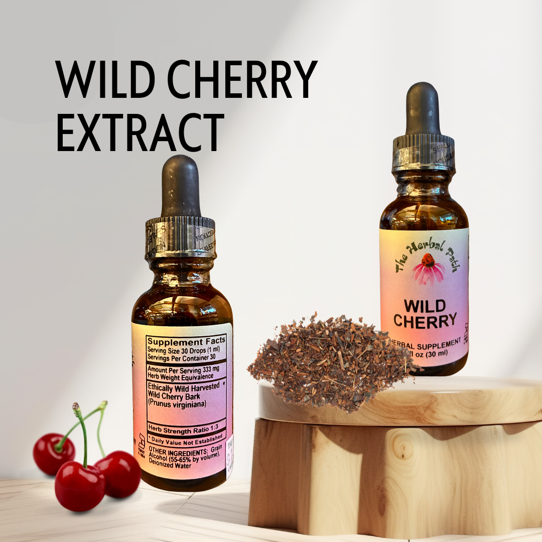 Two bottles of Wild Cherry Extract with cherry graphics on a light background